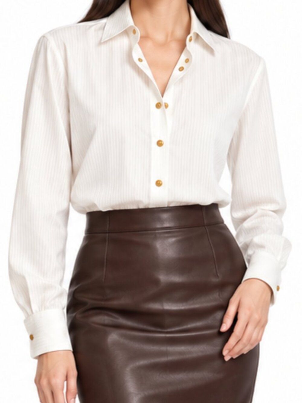 Escada Elements White Cotton Tonal Stripe Gold Button Blouse Shirt Size 34/4